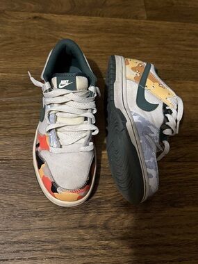 Nike Dunk Low Kids Multicolor Camo Low-Top Sneakers - Green Swoosh Size 4.5Y